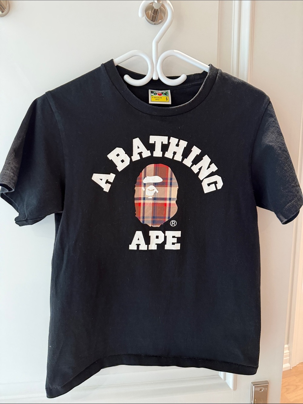 Bape Black Short Sleeve Tee with Plaid Ape Head